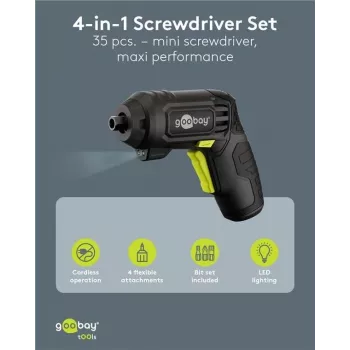 Goobay 4-in-1 mini akumuliatorinis atsuktuvų rinkinys, 35 dalių, pistoleto rankena, 3,6 V Li-Ion, USB-C įkrovimas, 5 Nm, 200 aps./min., su 4 priedais ir 28 antgaliais 77817