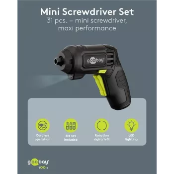 Goobay Mini akumuliatorinis atsuktuvų rinkinys 31 dalių, pistoletinė rankena, su 28 antgaliais ir Micro-USB įkrovimu (77818)