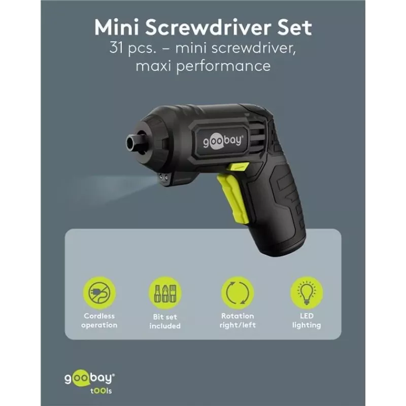 Goobay Mini akumuliatorinis atsuktuvų rinkinys 31 dalių, pistoletinė rankena, su 28 antgaliais ir Micro-USB įkrovimu (77818)