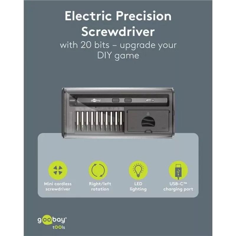 Goobay 77838 elektrinis precizinis atsuktuvas su baterija, 20 dalių, LED