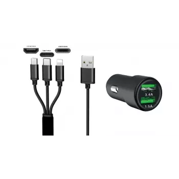 IWH dvigubas USB automobilinis įkroviklis 3-in-1 12/24V 3,4A juodas (19061)