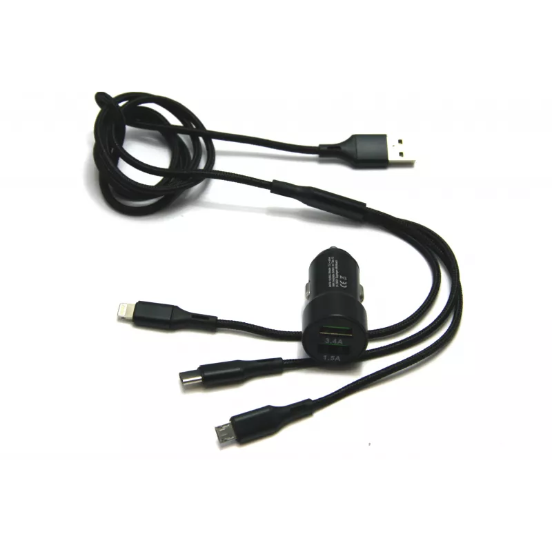 IWH dvigubas USB automobilinis įkroviklis 3-in-1 12/24V 3,4A juodas (19061)