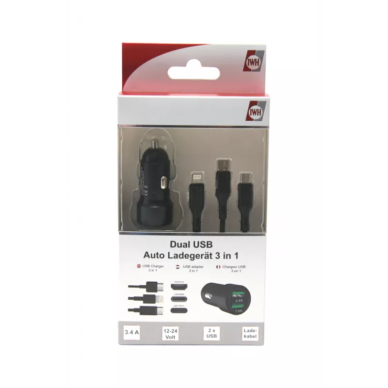 IWH dvigubas USB automobilinis įkroviklis 3-in-1 12/24V 3,4A juodas (19061)