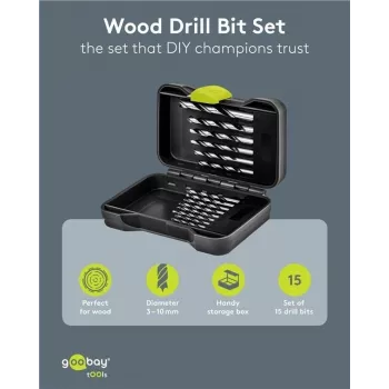 GOOBAY TOOLS 77847 medienos grąžtų rinkinys, 15 dalių, transportavimo dėžutėje, 3-10 mm
