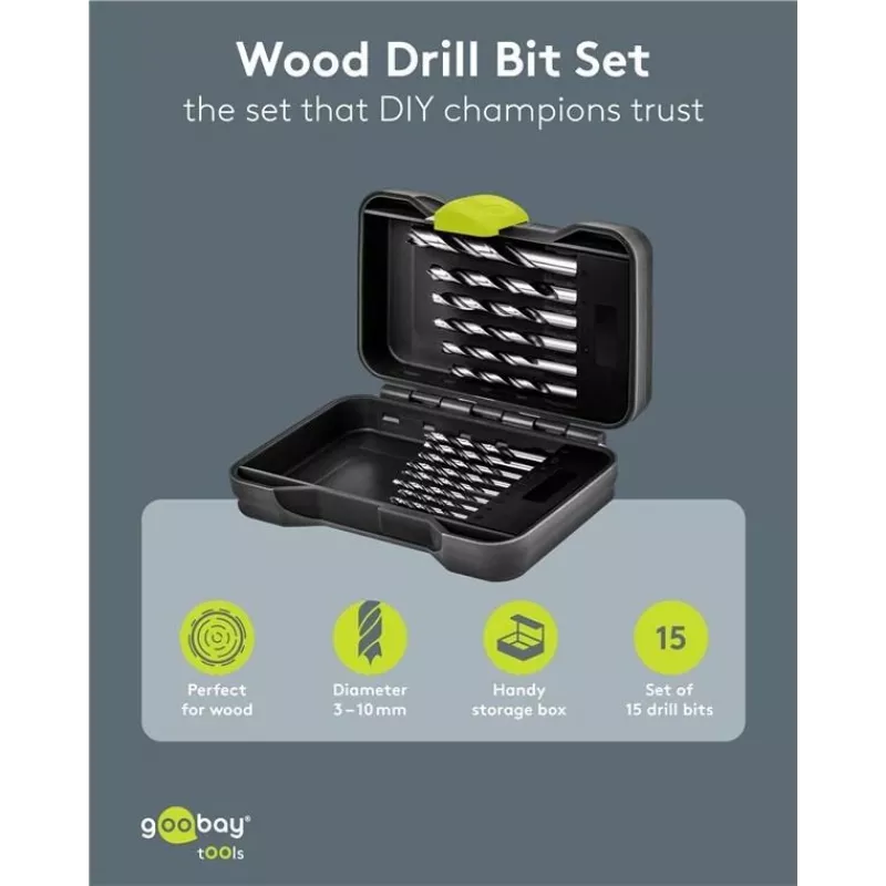 GOOBAY TOOLS 77847 medienos grąžtų rinkinys, 15 dalių, transportavimo dėžutėje, 3-10 mm