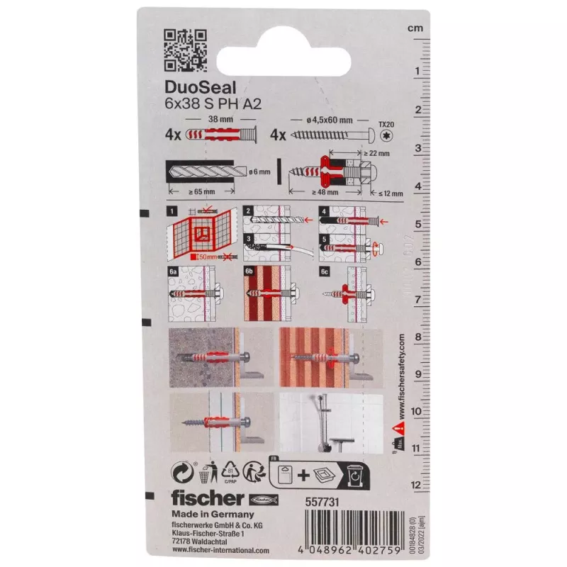 fischer DuoSeal 6 x 38 S PH TX A2 K NV sieninis kaištis su sandarinimu (4 vnt.) 557731