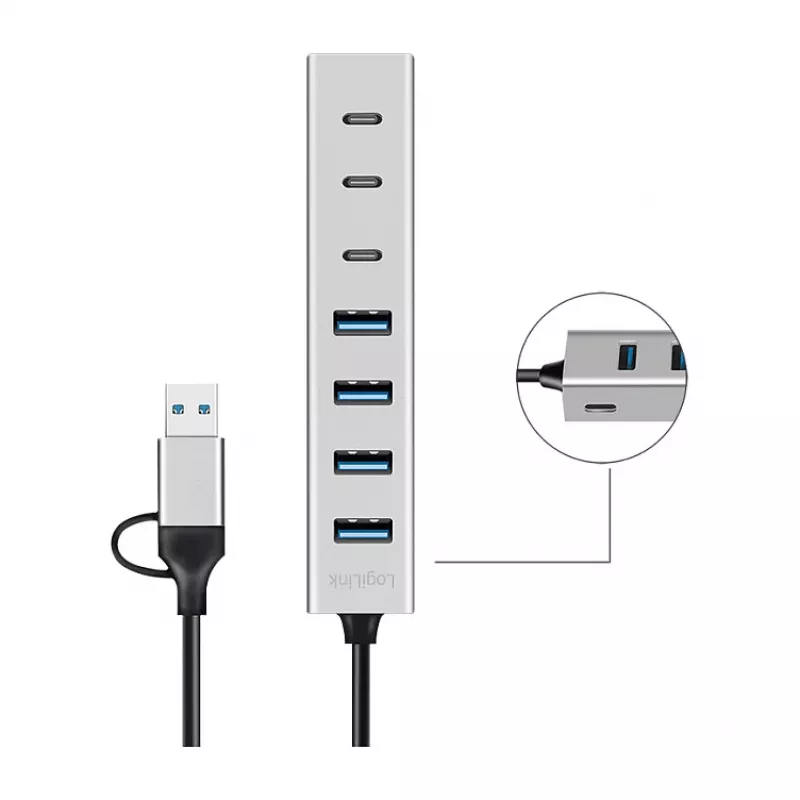 LogiLink USB 3.0 šakotuvas, 7 prievadų, 4x USB-A ir 3x USB-C, aliumininis korpusas