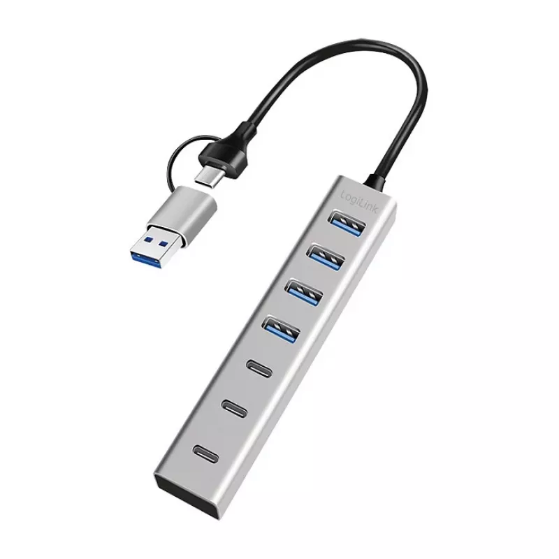 LogiLink USB 3.0 šakotuvas, 7 prievadų, 4x USB-A ir 3x USB-C, aliumininis korpusas