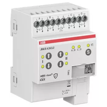 ABB JRA/S4.24.5.2 KNX žaliuzių/roletų pavara, 4 kanalų, 24V AC/DC, rankinis valdymas, DIN bėgelis 2CDG110298R0011