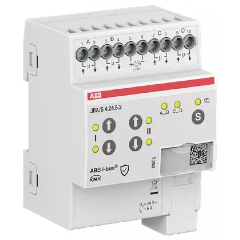 ABB JRA/S4.24.5.2 KNX žaliuzių/roletų pavara, 4 kanalų, 24V AC/DC, rankinis valdymas, DIN bėgelis 2CDG110298R0011