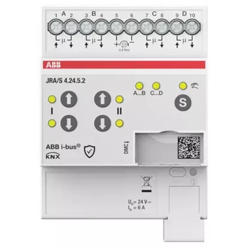 ABB JRA/S4.24.5.2 KNX žaliuzių/roletų pavara, 4 kanalų, 24V AC/DC, rankinis valdymas, DIN bėgelis 2CDG110298R0011
