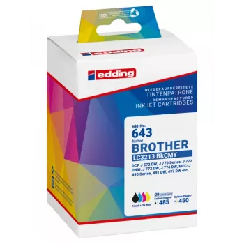 Edding 18-643 suderinamų rašalo kasečių rinkinys Brother LC3213 serijos spausdintuvams – juoda, žydra, purpurinė, geltona (4 vnt.)