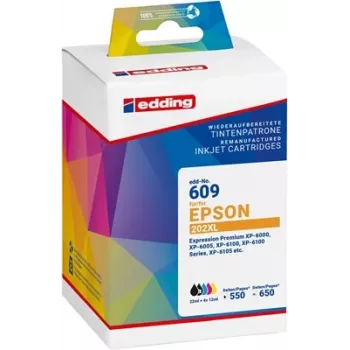 Edding EDD-609 suderinamų rašalo kasečių rinkinys Epson 202XL spausdintuvams (5 vnt., juoda, foto juoda, žydra, purpurinė, geltona) 18-609-01