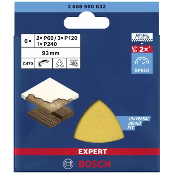 Bosch EXPERT C470 Delta šlifavimo lapų rinkinys 93 mm P60/P80/P120 su Velcro tvirtinimu, perforuoti, 6 vnt. 2608900832