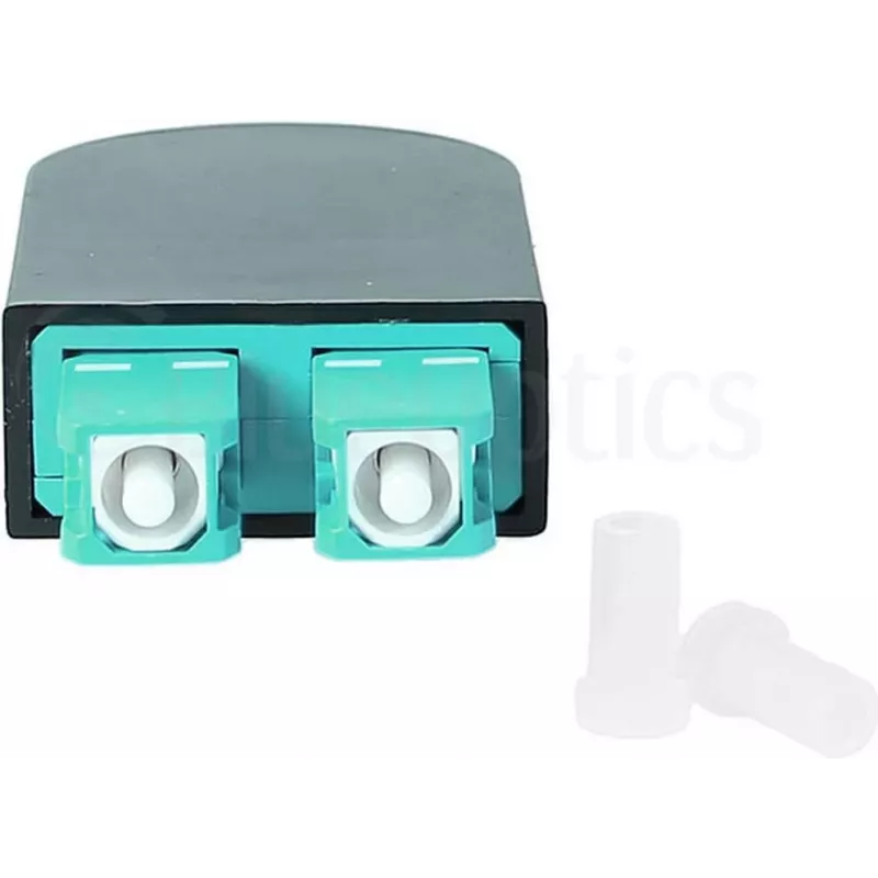 BLUELAN BlueOptics šviesolaidinis kilpos adapteris OM3 50/125µm daugiamodis SC/UPC dvigubas, akvamarino/turkio spalvos, keraminė įvorė, -40°C iki +85°C (BOLBSCOM3)