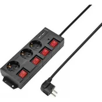 Sygonix RF-4737788 ilgiklis su jungikliu, 6 Schuko lizdai, 1,5 m kabelis, juodas