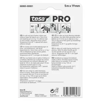 tesa Mounting PRO Transparent 66965-00001-00 dvipusė akrilinės putos tvirtinimo juosta, 5 m x 19 mm, išlaiko iki 10 kg/m, atspari UV ir drėgmei, skirta vidaus ir lauko darbams