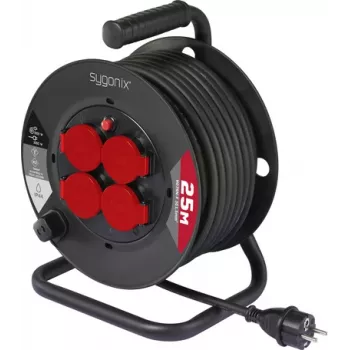 Sygonix SY-10236129 kabelio ritė, juoda, Schuko kištukas, 25 m, 4 lizdai