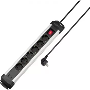 Sygonix SY-6807130 6 vietų elektros skirstytuvas su apšviestu jungikliu, juodas/sidabrinis, 1,5 m laidas