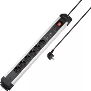 Sygonix SY-6805674 6 vietų apsaugos nuo viršįtampių prailgintuvas su jungikliu, Schuko, 1,5 m kabelis, juodas/sidabrinis