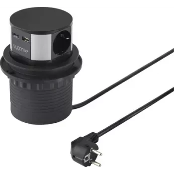 Sygonix SY-6887466 3 vietų elektros skirstytuvas bokštas, juodas/sidabrinis, 1,5 m kabelis, 3 Schuko lizdai, 3680 W, apšviestas jungiklis