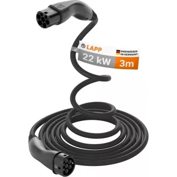 LAPP MOBILITY savaime susivyniojantis Type 2 EV įkrovimo kabelis, 22 kW, 3 m, juodas (75749)