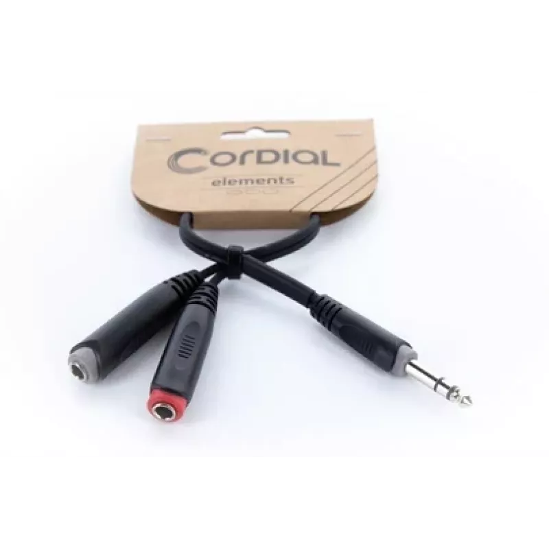 Cordial 14890 Audio Y-Adapter Cable 6,3mm stereo jack plug to 2x 6,3mm mono jack socket 0,30m juodas PVC dvigubas kabelis