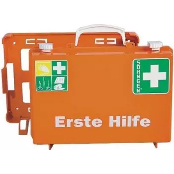 SÖHNGEN ERSTE-HILFE KOFFER DELUXE pirmosios pagalbos lagaminas DIN 13157 oranžinis ABS tvirtinamas prie sienos O301138