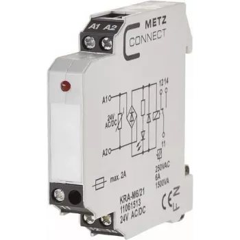 METZ CONNECT KRA-M6/21 sąsajos relės modulis, baltas, 12-24 V AC įėjimas, 250 V AC išėjimas, DIN bėgio montavimas 11061513