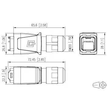 METZ BTR 14010850C0ME pramoninis IP67 V14 RJ45 kištuko korpusas, Push-Pull, tuščias