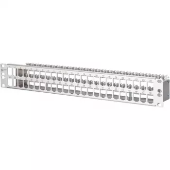 METZ CONNECT 130924-00-E-90 nerūdijančio plieno 24 prievadų Keystone patch panelis, 1.5U, 19 colių stovo montavimui, tuščias
