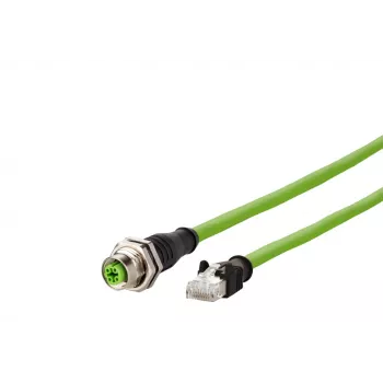 METZ CONNECT 142M4D25050 M12 pramoninis Ethernet tinklo kabelis, CAT 5e S/UTP, 5 m, žalias PUR apvalkalas, atsparus rūgštims/ozonui/UV, suderinamas su velkamąja grandine