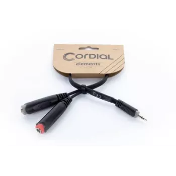Cordial 14892 Audio Y-Adapter Cable, 3.5mm Stereo Plug to Dual 6.3mm Mono Sockets, 0.3m, Black PVC