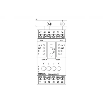 METZ BMT-F-DO4 BACnet MS/TP lauko įrenginys su 4 reliniais išėjimais, 4 universaliiais įėjimais, 2 analoginiais išėjimais, RS485, DIN bėgelio montavimas, 24V AC/DC 110886132170