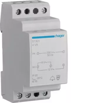 Hager ST301 skambučio transformatorius 230V į 8V/12V AC, 0,5A, DIN bėgiui