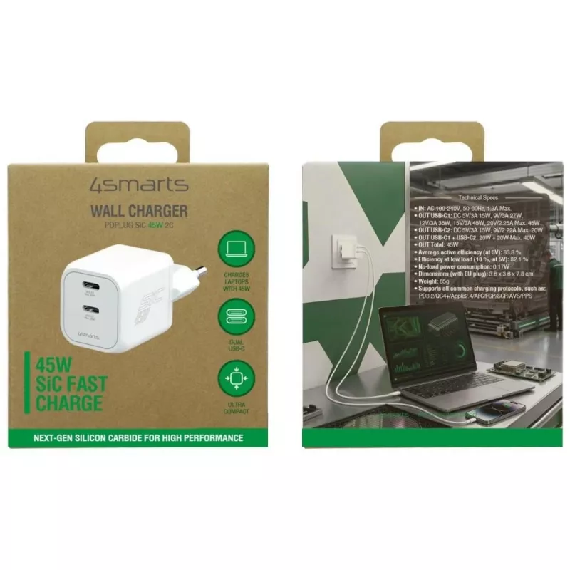 4smarts PDPlug SiC Dual 45W 2C baltas sieninis įkroviklis