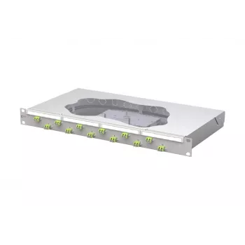 METZ CONNECT 12 prievadų LC Duplex OM5 optinio pluošto suvirinimo pachpanelis, 1U 19 inch stovo montavimas, 24 pluoštai, 2 m pigtailai, pilkas 1504587M12-F