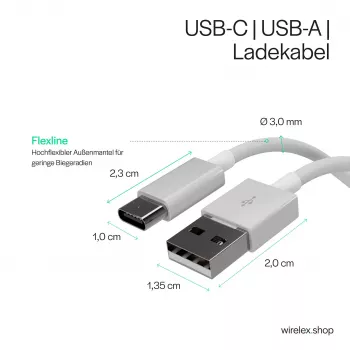 Flexline USB įkrovimo ir duomenų perdavimo kabelis, USB-A į USB-C, 2.0, ABS, baltas, 0,5 m (FL31-13040)