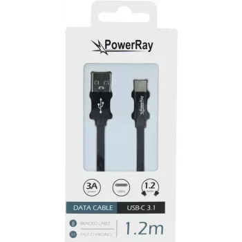 PowerRay USB-C į USB-A duomenų ir įkrovimo kabelis, 1,2 m, tekstilinis juodas PR-DCUC120TBK