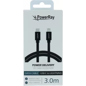 PowerRay USB-C į Lightning duomenų ir įkrovimo kabelis 3 m, juodas, tekstilinis pintas, MFi sertifikuotas PR-DCCL300TBK