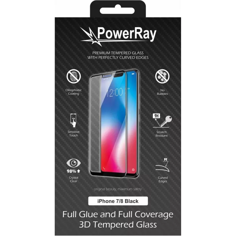 PowerRay Ultra Durable 3D Full Glue grūdinto stiklo ekrano apsauga iPhone 7/8, juoda PR-3DFGIPH8BL