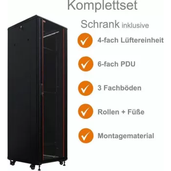 IT-BUDGET 19 inch Tinklo spintos SRK komplektas, 38U, 600x600 mm, stiklinės priekinės durys, vientisos galinės durys, 4 aktyvūs ventiliatoriai, PDU, lentynos, surinkta, juoda 99ITB19SRK3866GSM