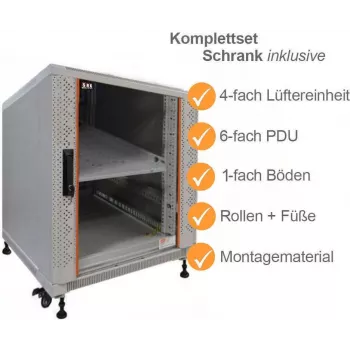 IT-BUDGET 19 inch serverio spintos SRK komplektas 12U 600x1000 mm su stiklinėmis/dėtinėmis durelėmis, 4 aktyviais ventiliatoriais, PDU, lentynomis, išardoma, šviesiai pilka 90ITB19SRK12610GG