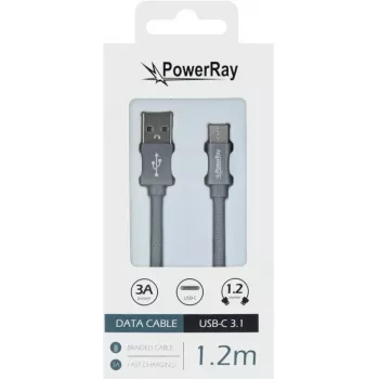 PowerRay PR-DCUC120TGY USB-A į USB-C 1,2 m tekstilinis pintas duomenų kabelis, pilkas, greitas įkrovimas ir 5 Gbps duomenų sinchronizavimas