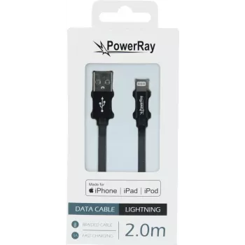 PowerRay PR-DCUL200TBK MFi sertifikuotas USB-A į Lightning pintas kabelis, 2 m, juodas