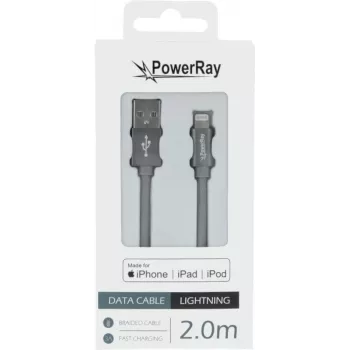 PowerRay PR-DCUL200TGY MFi sertifikuotas USB-A į Lightning pynimo kabelis, 2 m, tekstilės pilkas