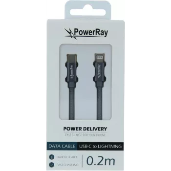 PowerRay USB-C į Lightning duomenų kabelis 0,2 m, tekstilinis, pilkas PR-DCCL020TGY