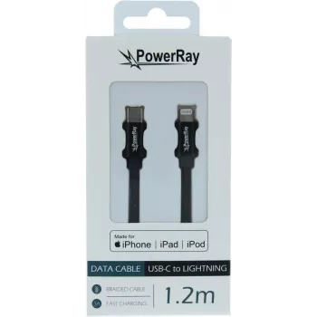PowerRay USB-C į Lightning MFi pintas duomenų ir įkrovimo kabelis 1,2 m juodas PR-DCCL120TBK