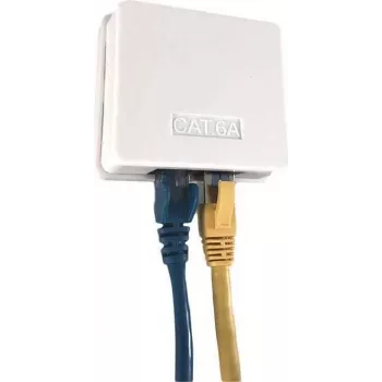 IT-BUDGET Cat.6A UTP paviršinio montavimo tinklo lizdas, 2 x RJ45, grynai balta, horizontalus kabelio įvedimas, PoE+ 90ITBDDAPE