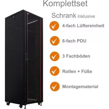 IT-BUDGET 19 inch serverių spintelė SRK pilnas komplektas 42U 600x600mm stiklo/plieno durelės, 4 aktyvūs ventiliatoriai, PDU, lentynos, išardoma, juoda 90ITB19SRK4266GS